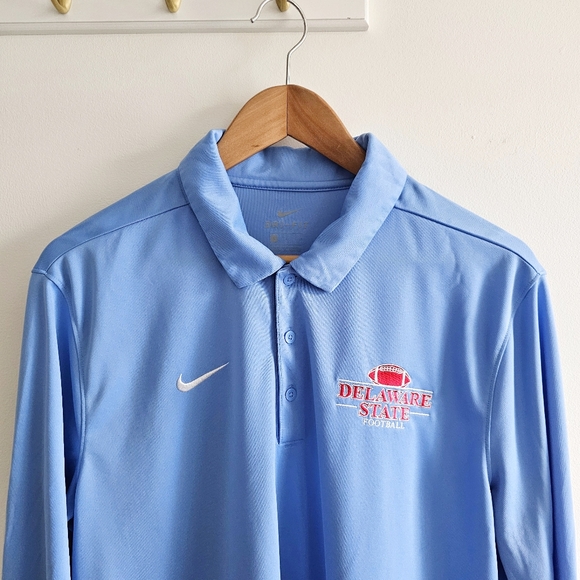 Nike Dri-FIT Delaware State Football Long Sleeve Polo Men L NCAA Blue Golf Shirt - Picture 2 of 11